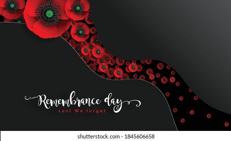 Remembrance day lest we forget. realistic red poppy flower international symbol of peace with paper cut art and craft style on color background.