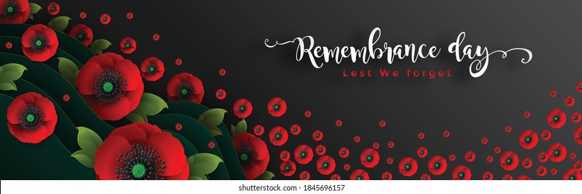 Remembrance day lest we forget. realistic red poppy flower international symbol of peace with paper cut art and craft style on color background.