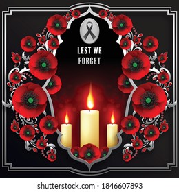 Remembrance day lest we forget. realistic red poppy flower international symbol of peace with paper cut art and craft style on color background.