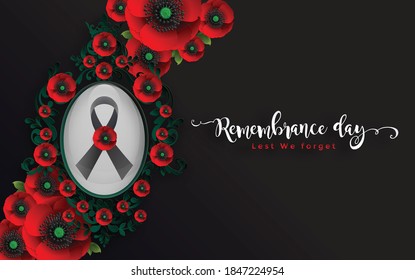 Remembrance day lest we forget. realistic red poppy flower international symbol of peace with paper cut art and craft style on color background.