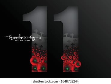 Remembrance day lest we forget. realistic red poppy flower international symbol of peace with paper cut art and craft style on color background.