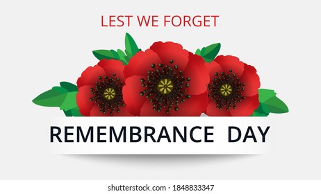 
Remembrance day lest we forget. Red poppy flower international symbol of peace on white background. Great for design posters, banner, header for website. Horizontal vector illustration