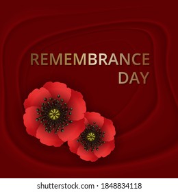 Remembrance day lest we forget. Red poppy flower international symbol of peace on on dark red background. Great for design posters, banner, header for website. Horizontal vector illustration