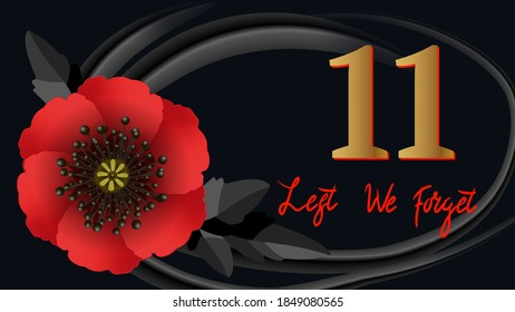 Día de recordar para que no olvidemos. Flor roja de amapola símbolo internacional de paz sobre fondo negro. Ideal para afiches de diseño, banner, cabecera para sitio web. Ilustración vectorial Día de Remembranza