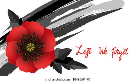 Remembrance day lest we forget. Red poppy flower international symbol of peace on white background. Great for design posters, banner, header for website. Horizontal vector illustration