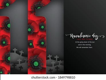 Remembrance day lest we forget. realistic red poppy flower international symbol of peace with paper cut art and craft style on color background.