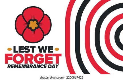 Remembrance Day. Lest we Forget. Remembrance poppy. Poppy day. Memorial day observed in Commonwealth member states to honour armed forces members who have died in the line of duty. Red poppy. Vector