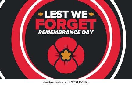 Remembrance Day. Lest we Forget. Remembrance poppy. Poppy day. Memorial day observed in Commonwealth member states to honour armed forces members who have died in the line of duty. Red poppy. Vector