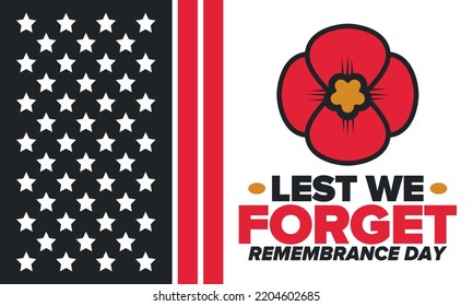 Remembrance Day. Lest we Forget. Remembrance poppy. Poppy day. Memorial day observed in Commonwealth member states to honour armed forces members who have died in the line of duty. Red poppy. Vector