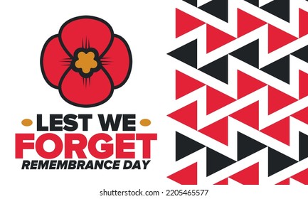 Remembrance Day. Lest we Forget. Remembrance poppy. Poppy day. Memorial day observed in Commonwealth member states to honour armed forces members who have died in the line of duty. Red poppy. Vector