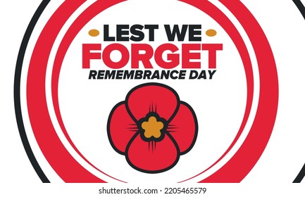 Remembrance Day. Lest we Forget. Remembrance poppy. Poppy day. Memorial day observed in Commonwealth member states to honour armed forces members who have died in the line of duty. Red poppy. Vector