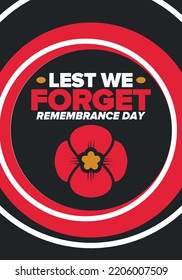 Remembrance Day. Lest we Forget. Remembrance poppy. Poppy day. Memorial day observed in Commonwealth member states to honour armed forces members who have died in the line of duty. Red poppy. Vector