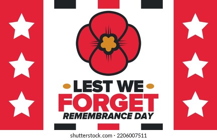 Remembrance Day. Lest we Forget. Remembrance poppy. Poppy day. Memorial day observed in Commonwealth member states to honour armed forces members who have died in the line of duty. Red poppy. Vector