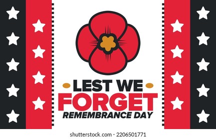 Remembrance Day. Lest we Forget. Remembrance poppy. Poppy day. Memorial day observed in Commonwealth member states to honour armed forces members who have died in the line of duty. Red poppy. Vector