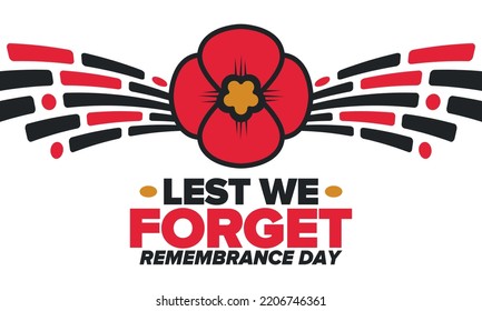 Remembrance Day. Lest we Forget. Remembrance poppy. Poppy day. Memorial day observed in Commonwealth member states to honour armed forces members who have died in the line of duty. Red poppy. Vector