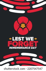 Remembrance Day. Lest we Forget. Remembrance poppy. Poppy day. Memorial day observed in Commonwealth member states to honour armed forces members who have died in the line of duty. Red poppy. Vector