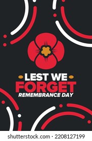 Remembrance Day. Lest we Forget. Remembrance poppy. Poppy day. Memorial day observed in Commonwealth member states to honour armed forces members who have died in the line of duty. Red poppy. Vector
