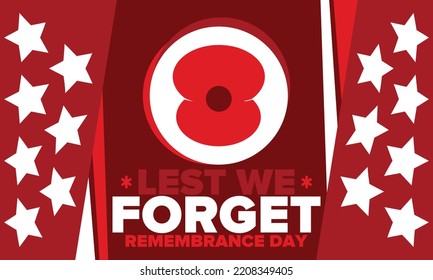 Remembrance Day. Lest we Forget. Remembrance poppy. Poppy day. Memorial day observed in Commonwealth member states to honour armed forces members who have died in the line of duty. Red poppy. Vector