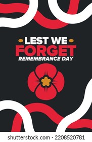 Remembrance Day. Lest we Forget. Remembrance poppy. Poppy day. Memorial day observed in Commonwealth member states to honour armed forces members who have died in the line of duty. Red poppy. Vector