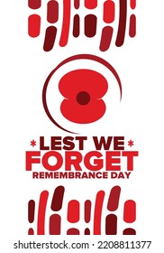 Remembrance Day. Lest we Forget. Remembrance poppy. Poppy day. Memorial day observed in Commonwealth member states to honour armed forces members who have died in the line of duty. Red poppy. Vector