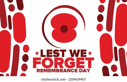 Remembrance Day. Lest we Forget. Remembrance poppy. Poppy day. Memorial day observed in Commonwealth member states to honour armed forces members who have died in the line of duty. Red poppy. Vector