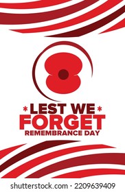 Remembrance Day. Lest we Forget. Remembrance poppy. Poppy day. Memorial day observed in Commonwealth member states to honour armed forces members who have died in the line of duty. Red poppy. Vector