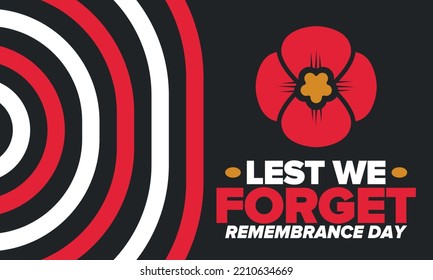 Remembrance Day. Lest we Forget. Remembrance poppy. Poppy day. Memorial day observed in Commonwealth member states to honour armed forces members who have died in the line of duty. Red poppy. Vector