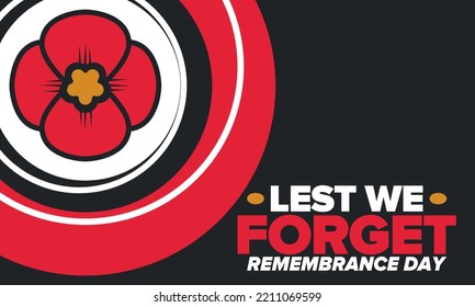 Remembrance Day. Lest we Forget. Remembrance poppy. Poppy day. Memorial day observed in Commonwealth member states to honour armed forces members who have died in the line of duty. Red poppy. Vector