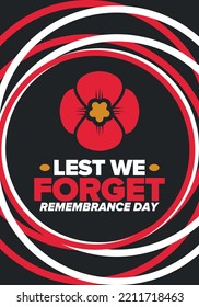 Remembrance Day. Lest we Forget. Remembrance poppy. Poppy day. Memorial day observed in Commonwealth member states to honour armed forces members who have died in the line of duty. Red poppy. Vector