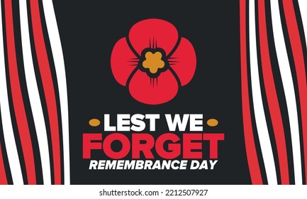 Remembrance Day. Lest we Forget. Remembrance poppy. Poppy day. Memorial day observed in Commonwealth member states to honour armed forces members who have died in the line of duty. Red poppy. Vector