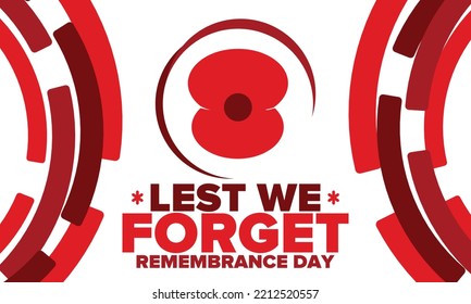 Remembrance Day. Lest we Forget. Remembrance poppy. Poppy day. Memorial day observed in Commonwealth member states to honour armed forces members who have died in the line of duty. Red poppy. Vector