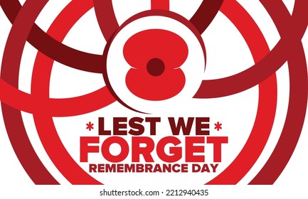 Remembrance Day. Lest we Forget. Remembrance poppy. Poppy day. Memorial day observed in Commonwealth member states to honour armed forces members who have died in the line of duty. Red poppy. Vector