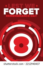 Remembrance Day. Lest we Forget. Remembrance poppy. Poppy day. Memorial day observed in Commonwealth member states to honour armed forces members who have died in the line of duty. Red poppy. Vector