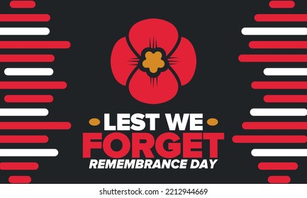 Remembrance Day. Lest we Forget. Remembrance poppy. Poppy day. Memorial day observed in Commonwealth member states to honour armed forces members who have died in the line of duty. Red poppy. Vector