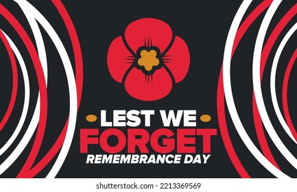 Remembrance Day. Lest we Forget. Remembrance poppy. Poppy day. Memorial day observed in Commonwealth member states to honour armed forces members who have died in the line of duty. Red poppy. Vector