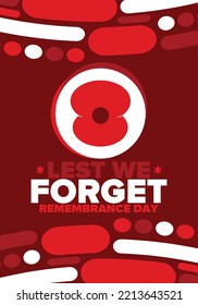 Remembrance Day. Lest we Forget. Remembrance poppy. Poppy day. Memorial day observed in Commonwealth member states to honour armed forces members who have died in the line of duty. Red poppy. Vector