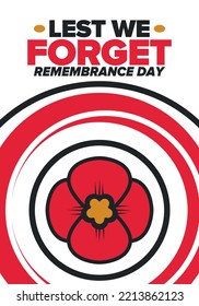 Remembrance Day. Lest we Forget. Remembrance poppy. Poppy day. Memorial day observed in Commonwealth member states to honour armed forces members who have died in the line of duty. Red poppy. Vector