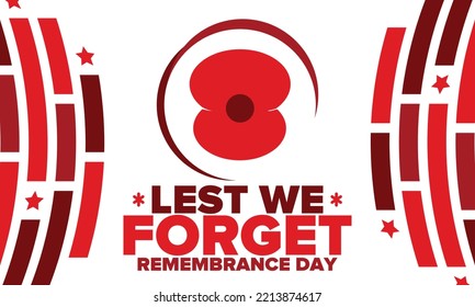 Remembrance Day. Lest we Forget. Remembrance poppy. Poppy day. Memorial day observed in Commonwealth member states to honour armed forces members who have died in the line of duty. Red poppy. Vector