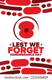 Remembrance Day. Lest we Forget. Remembrance poppy. Poppy day. Memorial day observed in Commonwealth member states to honour armed forces members who have died in the line of duty. Red poppy. Vector