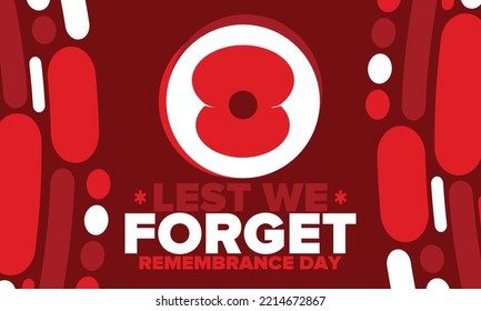 Remembrance Day. Lest we Forget. Remembrance poppy. Poppy day. Memorial day observed in Commonwealth member states to honour armed forces members who have died in the line of duty. Red poppy. Vector