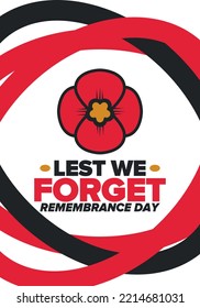 Remembrance Day. Lest we Forget. Remembrance poppy. Poppy day. Memorial day observed in Commonwealth member states to honour armed forces members who have died in the line of duty. Red poppy. Vector