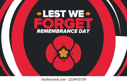 Remembrance Day. Lest we Forget. Remembrance poppy. Poppy day. Memorial day observed in Commonwealth member states to honour armed forces members who have died in the line of duty. Red poppy. Vector