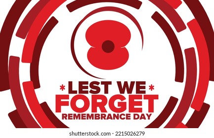 Remembrance Day. Lest we Forget. Remembrance poppy. Poppy day. Memorial day observed in Commonwealth member states to honour armed forces members who have died in the line of duty. Red poppy. Vector