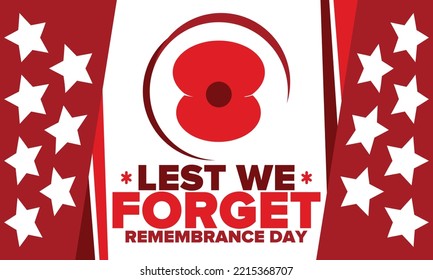 Remembrance Day. Lest we Forget. Remembrance poppy. Poppy day. Memorial day observed in Commonwealth member states to honour armed forces members who have died in the line of duty. Red poppy. Vector