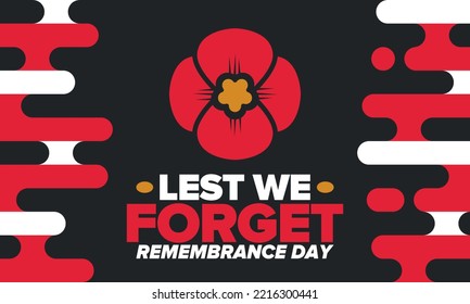 Remembrance Day. Lest we Forget. Remembrance poppy. Poppy day. Memorial day observed in Commonwealth member states to honour armed forces members who have died in the line of duty. Red poppy. Vector