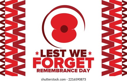 Remembrance Day. Lest we Forget. Remembrance poppy. Poppy day. Memorial day observed in Commonwealth member states to honour armed forces members who have died in the line of duty. Red poppy. Vector
