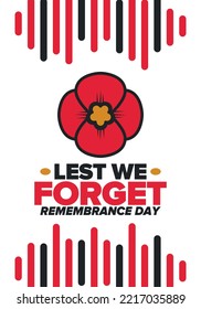 Remembrance Day. Lest we Forget. Remembrance poppy. Poppy day. Memorial day observed in Commonwealth member states to honour armed forces members who have died in the line of duty. Red poppy. Vector