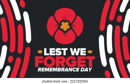 Remembrance Day. Lest we Forget. Remembrance poppy. Poppy day. Memorial day observed in Commonwealth member states to honour armed forces members who have died in the line of duty. Red poppy. Vector