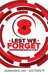 Remembrance Day. Lest we Forget. Remembrance poppy. Poppy day. Memorial day observed in Commonwealth member states to honour armed forces members who have died in the line of duty. Red poppy. Vector