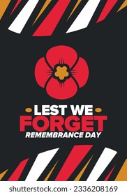 Remembrance Day. Lest we Forget. Remembrance poppy. Poppy day. Memorial day observed in Commonwealth member states to honour armed forces members who have died in the line of duty. Red poppy. Vector